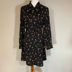 Black floral LOFT fit & flare dress with tie neck